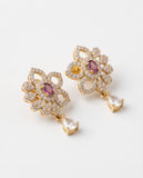 Gold Finish Floral CZ Stud Earrings with Ruby Stone & Teardrop Dangling Crystal