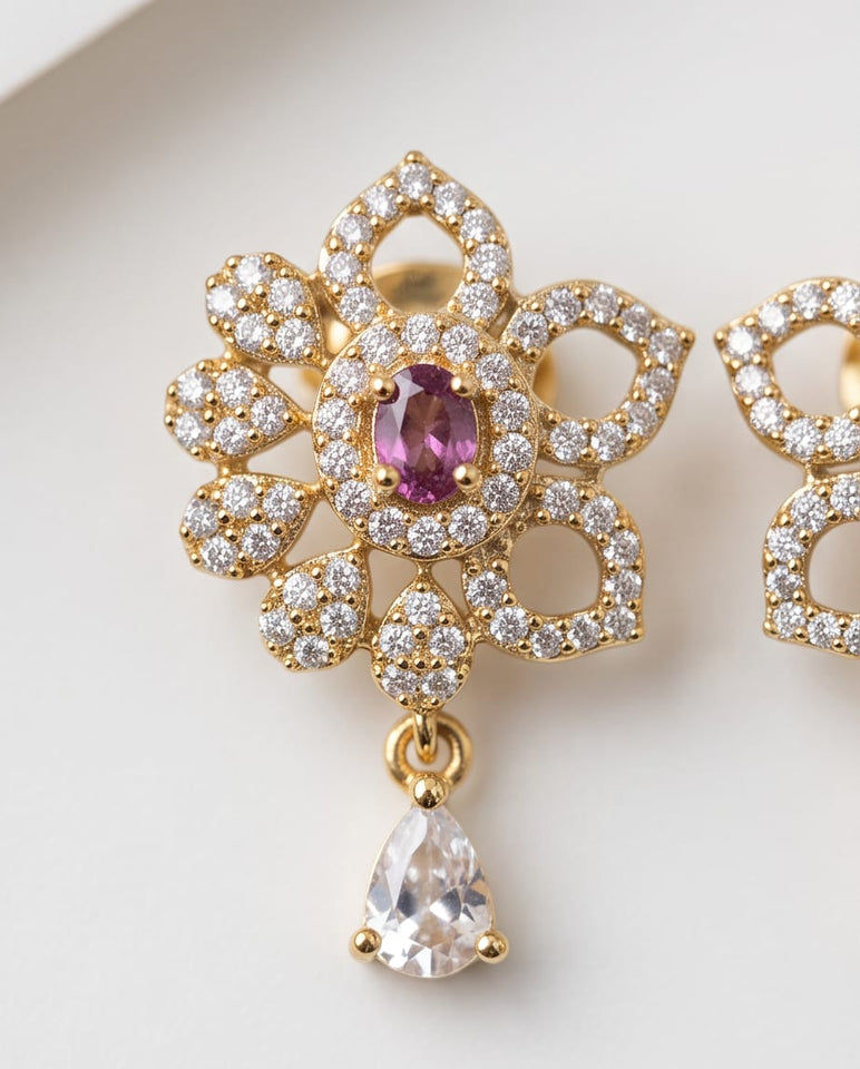 Gold Finish Floral CZ Stud Earrings with Ruby Stone & Teardrop Dangling Crystal