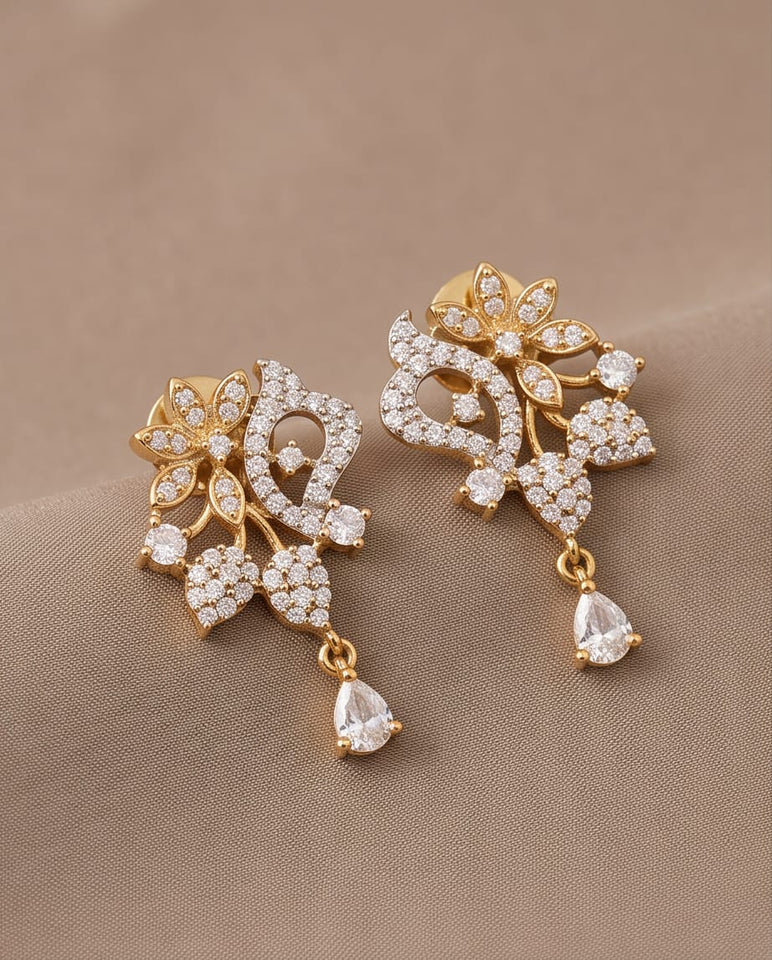 Gold Finish Floral CZ Drop Earrings