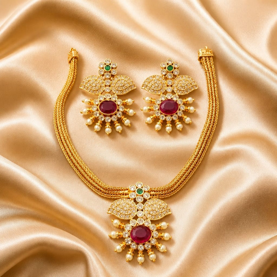 Premium Gold Finish Ruby & CZ Floral Pendant Necklace Set with Earrings