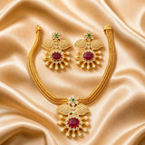 Premium Gold Finish Ruby & CZ Floral Pendant Necklace Set with Earrings