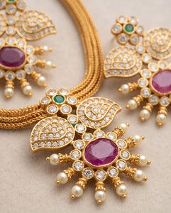 Premium Gold Finish Ruby & CZ Floral Pendant Necklace Set with Earrings