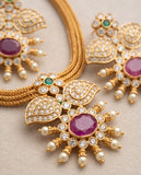 Premium Gold Finish Ruby & CZ Floral Pendant Necklace Set with Earrings