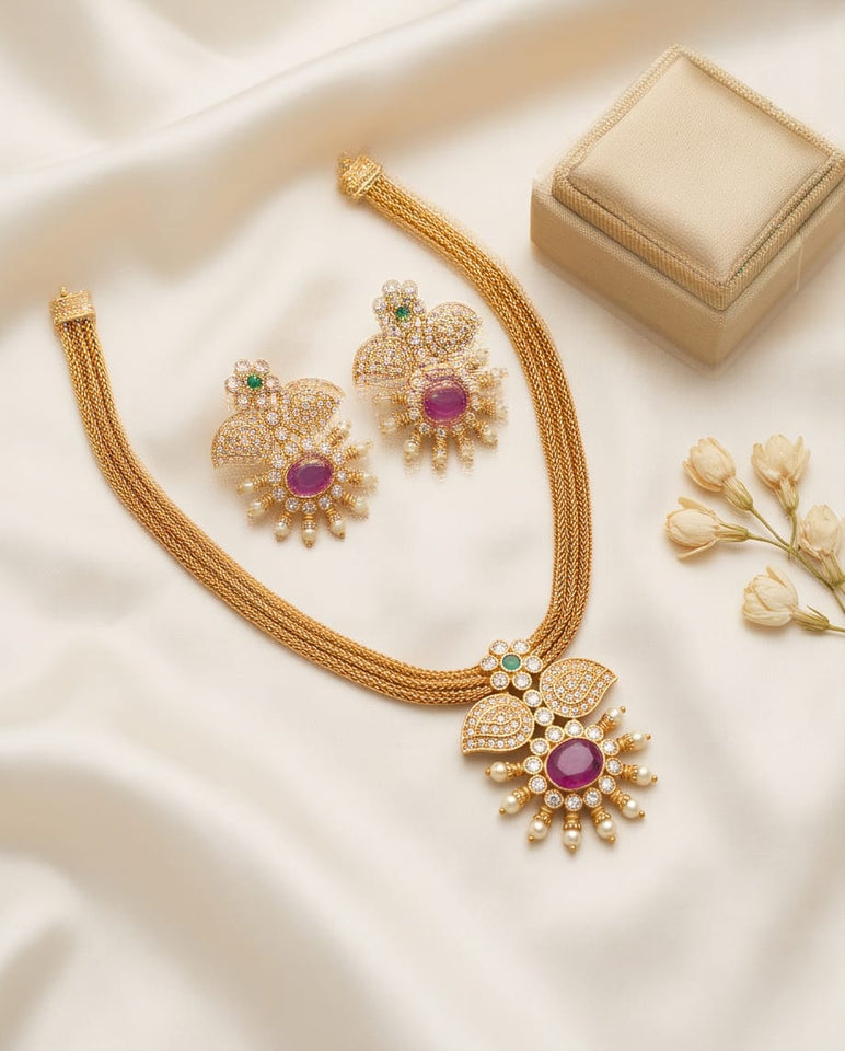 Premium Gold Finish Ruby & CZ Floral Pendant Necklace Set with Earrings