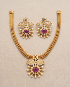 Premium Gold Finish Ruby & CZ Floral Pendant Necklace Set with Earrings