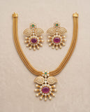 Premium Gold Finish Ruby & CZ Floral Pendant Necklace Set with Earrings