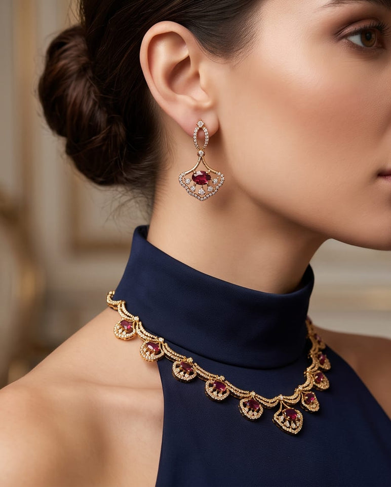 Elegant Gold Finish Ruby Stone Designer Necklace Set with Matching Earrings