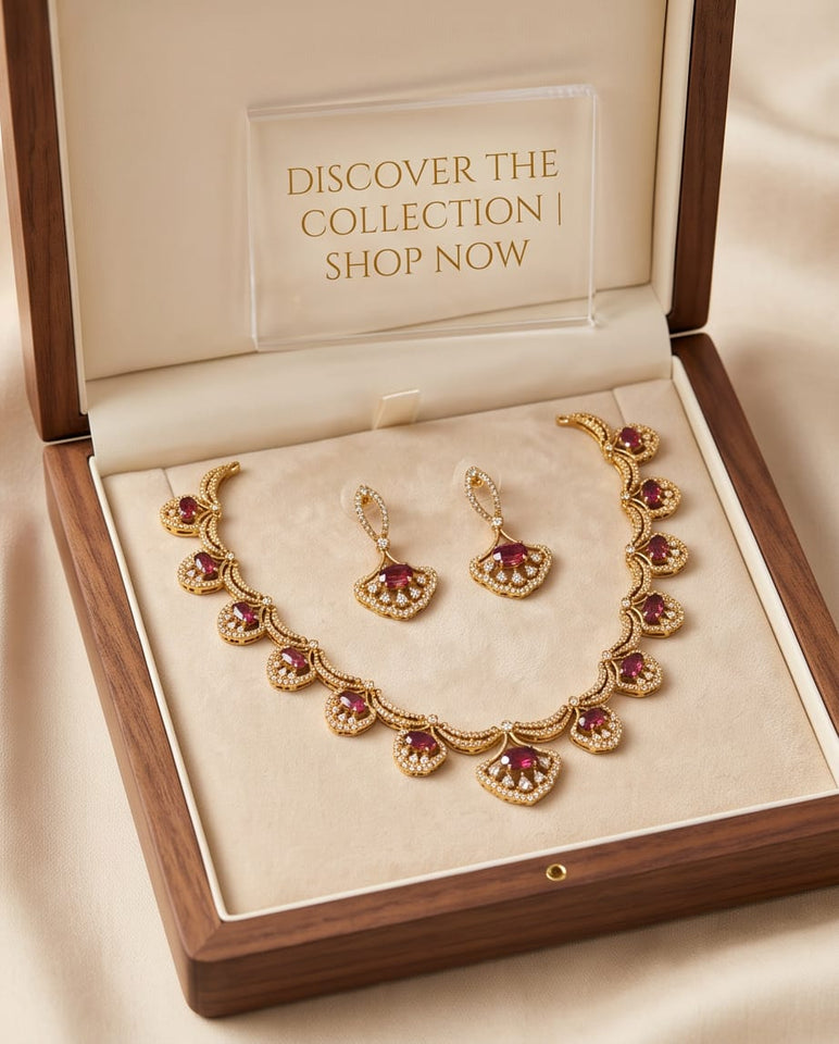 Elegant Gold Finish Ruby Stone Designer Necklace Set with Matching Earrings