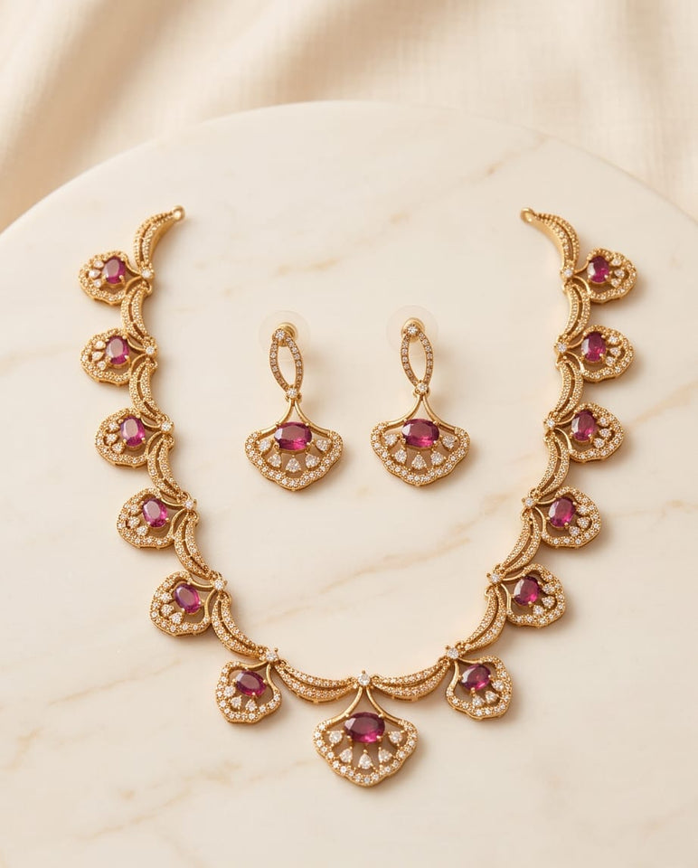Elegant Gold Finish Ruby Stone Designer Necklace Set with Matching Earrings