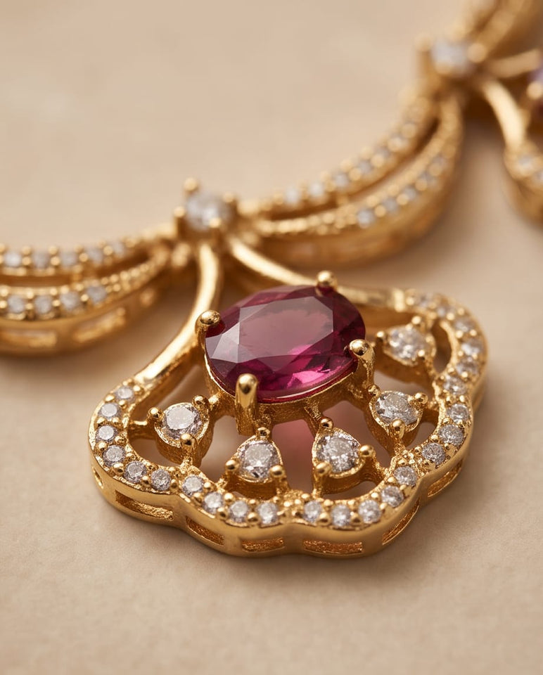 Elegant Gold Finish Ruby Stone Designer Necklace Set with Matching Earrings
