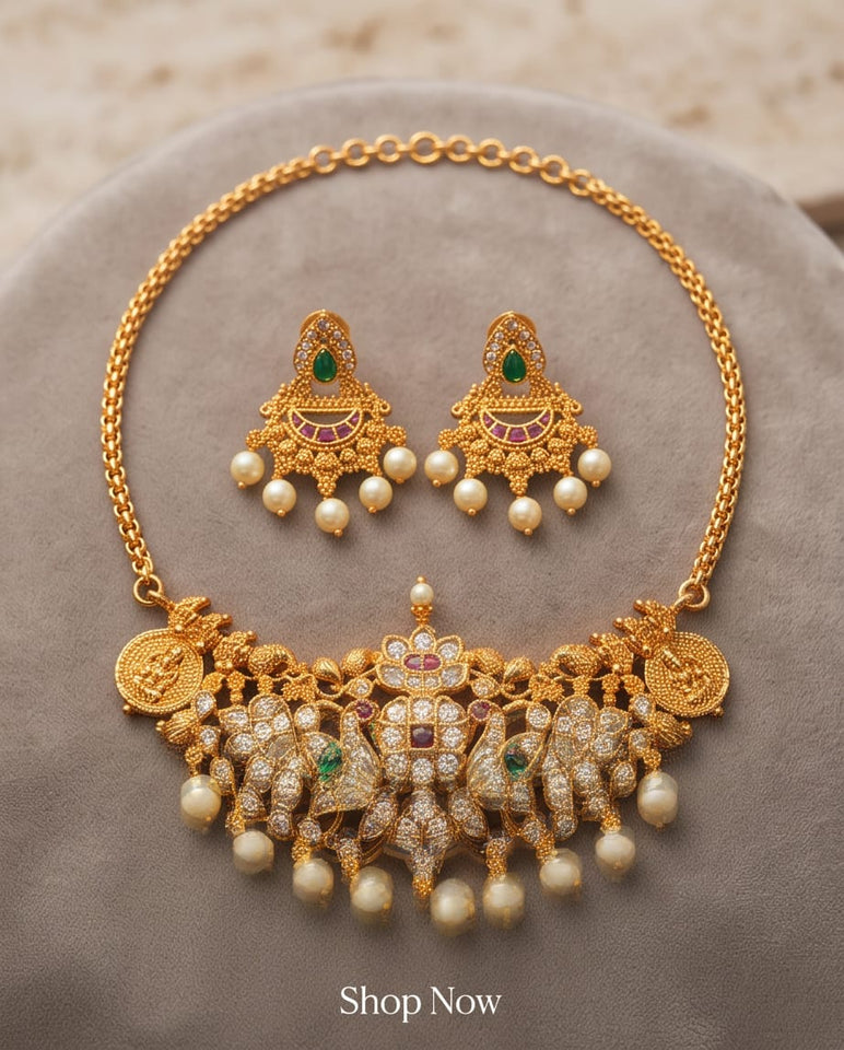 Traditional Gold Finish Lakshmi Temple Choker Necklace Set with Pearl Drop Earrings