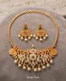 Traditional Gold Finish Lakshmi Temple Choker Necklace Set with Pearl Drop Earrings