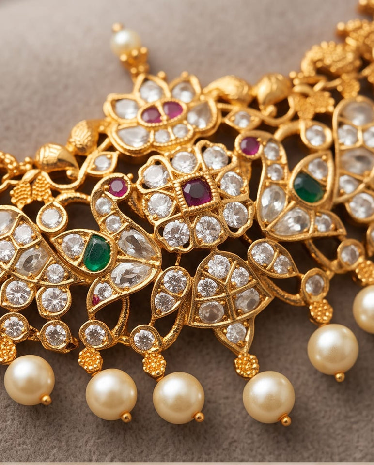 Traditional Gold Finish Lakshmi Temple Choker Necklace Set with Pearl Drop Earrings