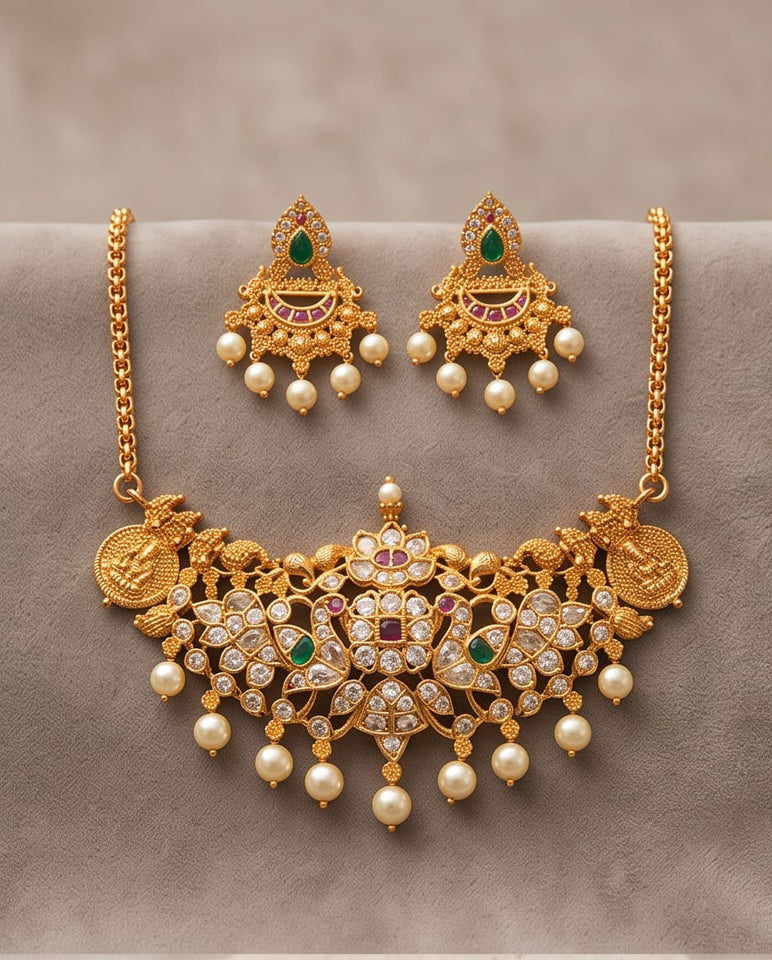 Traditional Gold Finish Lakshmi Temple Choker Necklace Set with Pearl Drop Earrings