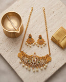 Traditional Gold Finish Lakshmi Temple Choker Necklace Set with Pearl Drop Earrings