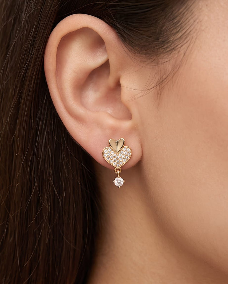 Gold Finish Heart-Shaped CZ Stud Earrings for Women