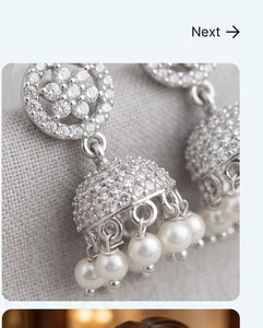 Silver Finish American Diamond Jhumka Earrings with Pearl Drops