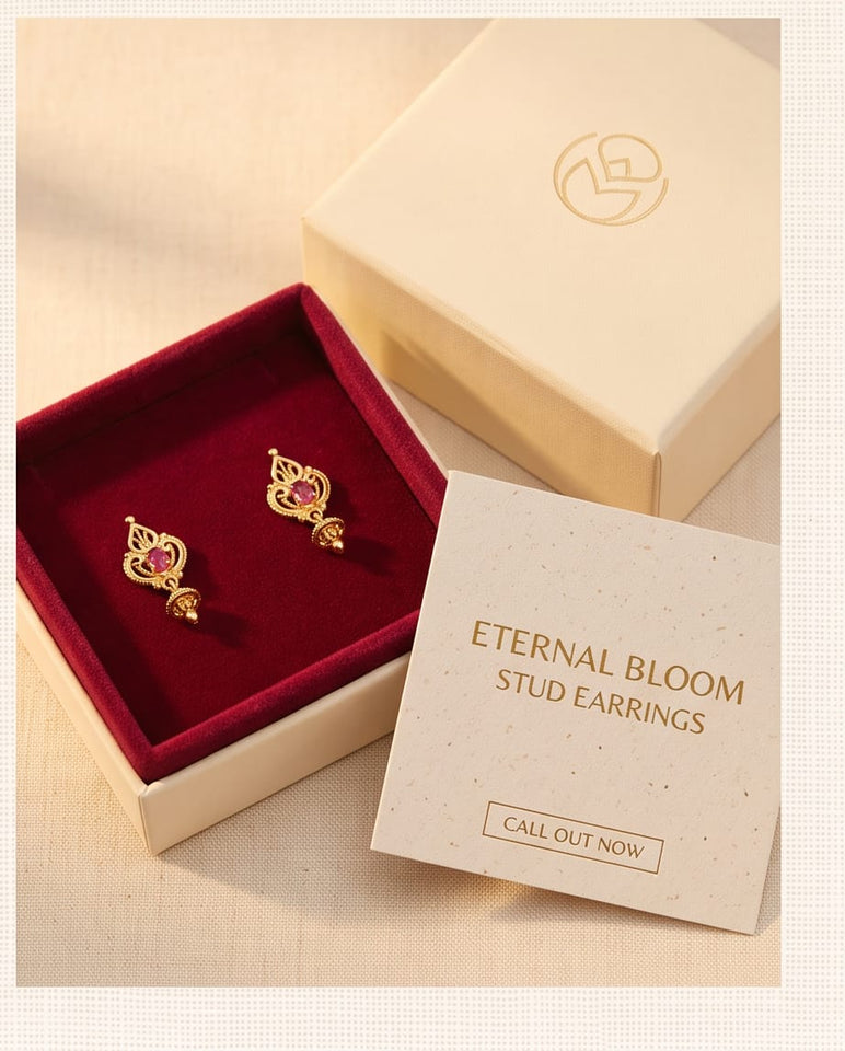 Gold Finish Ruby Stone Floral Stud Earrings for Women