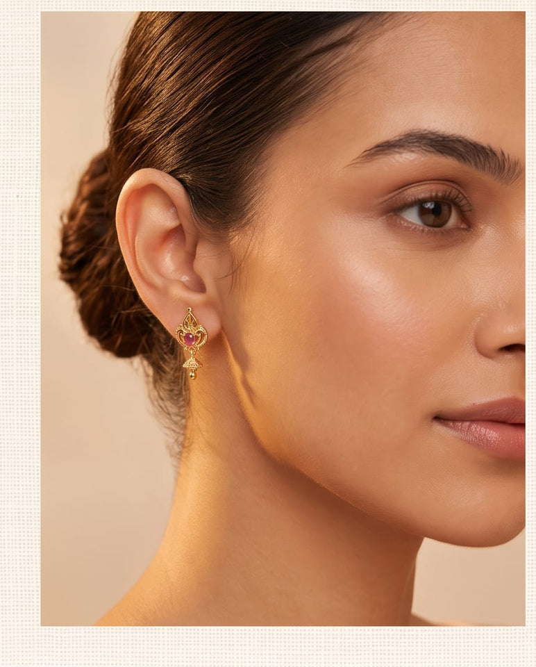 Gold Finish Ruby Stone Floral Stud Earrings for Women