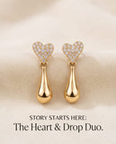 Gold Finish Heart-Shaped CZ Drop Earrings with Teardrop Dangling Design