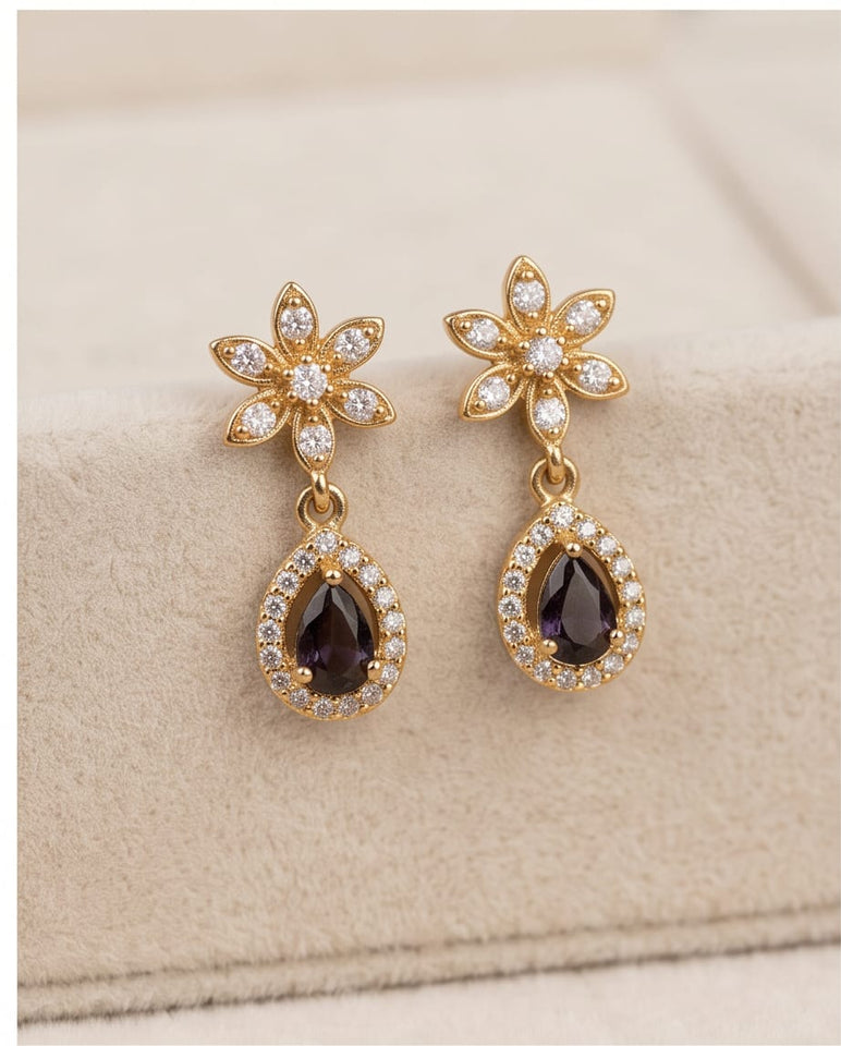 Gold Finish Floral CZ Drop Earrings with Black Teardrop Stone