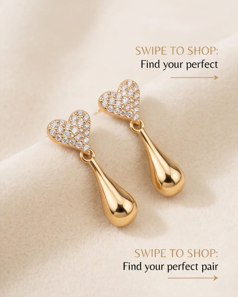 Gold Finish Heart-Shaped CZ Drop Earrings with Teardrop Dangling Design