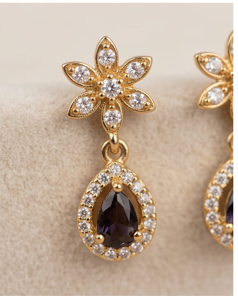 Gold Finish Floral CZ Drop Earrings with Black Teardrop Stone