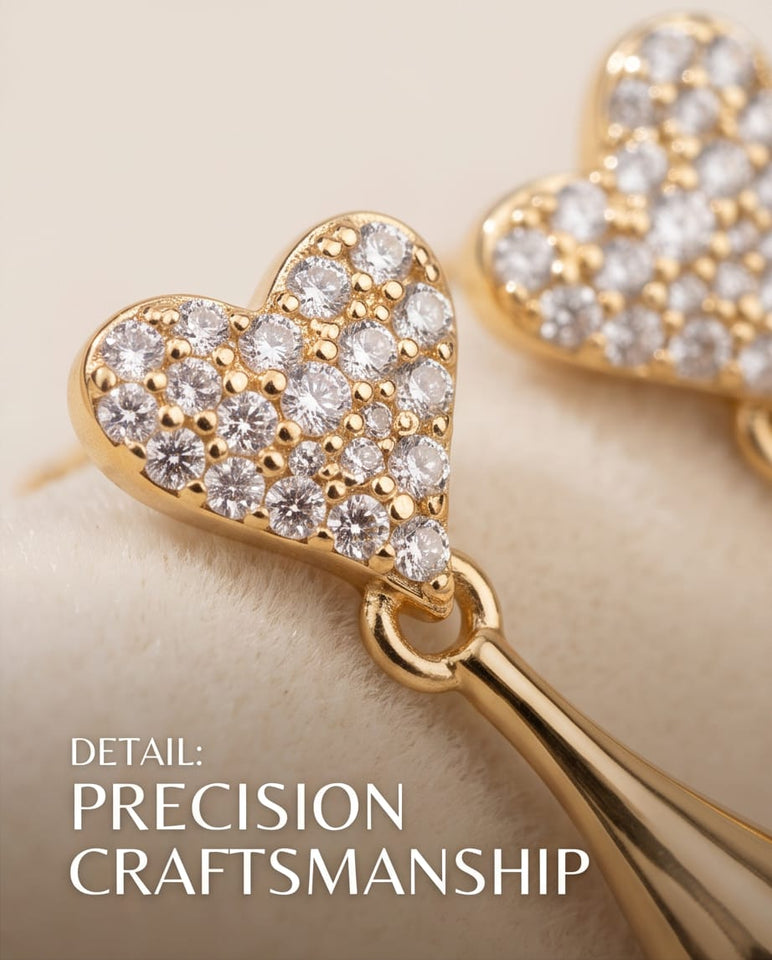 Gold Finish Heart-Shaped CZ Drop Earrings with Teardrop Dangling Design
