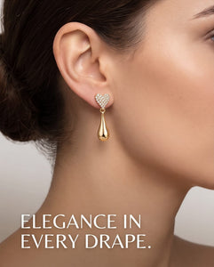 Gold Finish Heart-Shaped CZ Drop Earrings with Teardrop Dangling Design