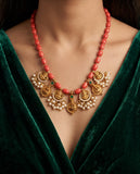 Coral Bead Temple Necklace with Gold-Toned Pearl Cluster Pendants
