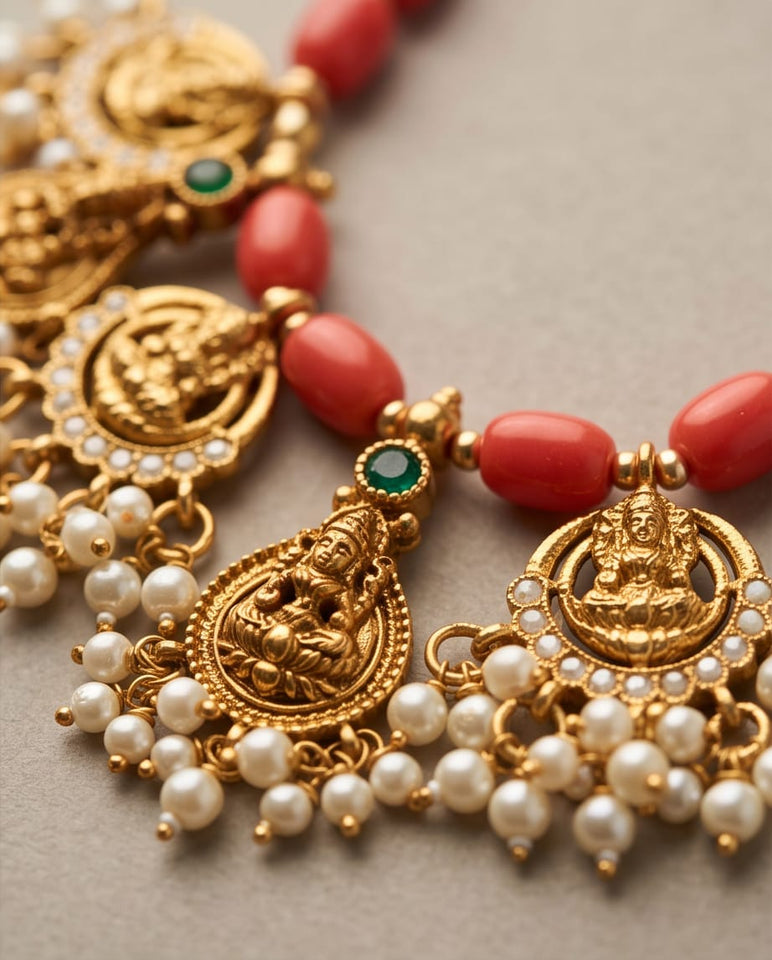 Coral Bead Temple Necklace with Gold-Toned Pearl Cluster Pendants