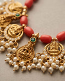Coral Bead Temple Necklace with Gold-Toned Pearl Cluster Pendants