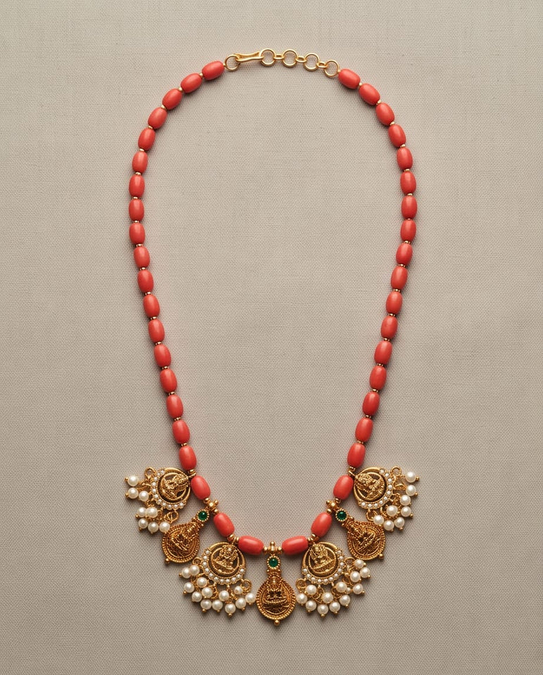 Coral Bead Temple Necklace with Gold-Toned Pearl Cluster Pendants