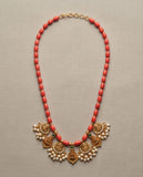 Coral Bead Temple Necklace with Gold-Toned Pearl Cluster Pendants