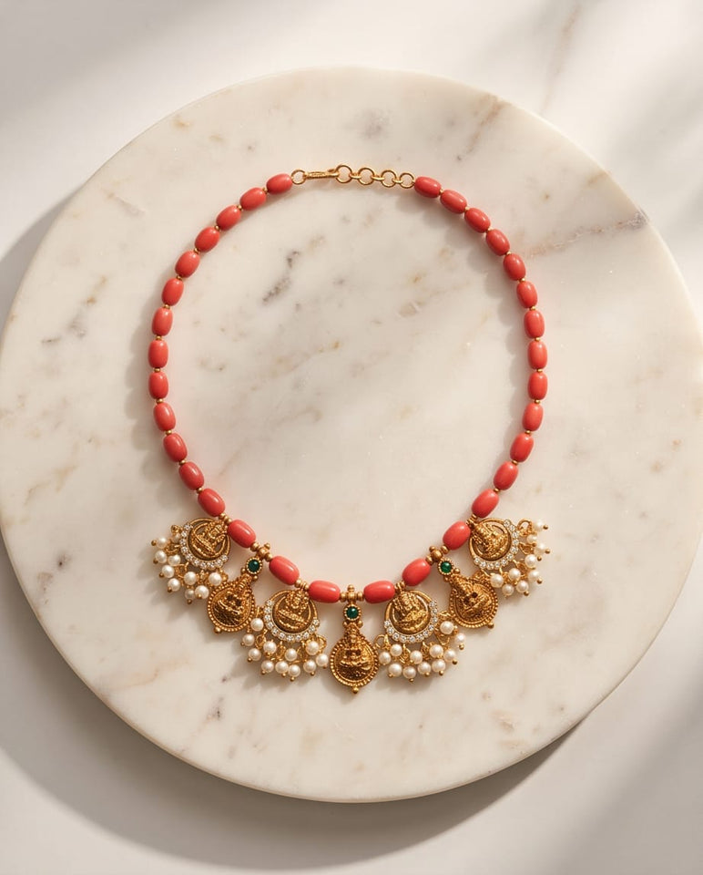 Coral Bead Temple Necklace with Gold-Toned Pearl Cluster Pendants