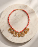 Coral Bead Temple Necklace with Gold-Toned Pearl Cluster Pendants