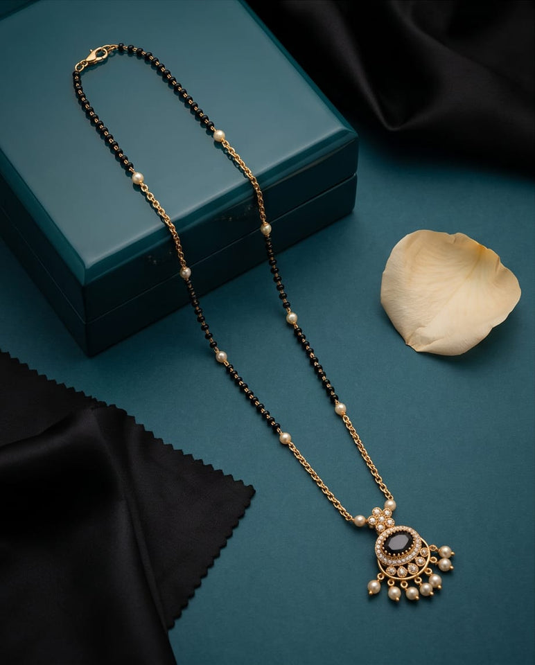 Gold-Toned Black Stone Pendant Necklace with Pearl Drops