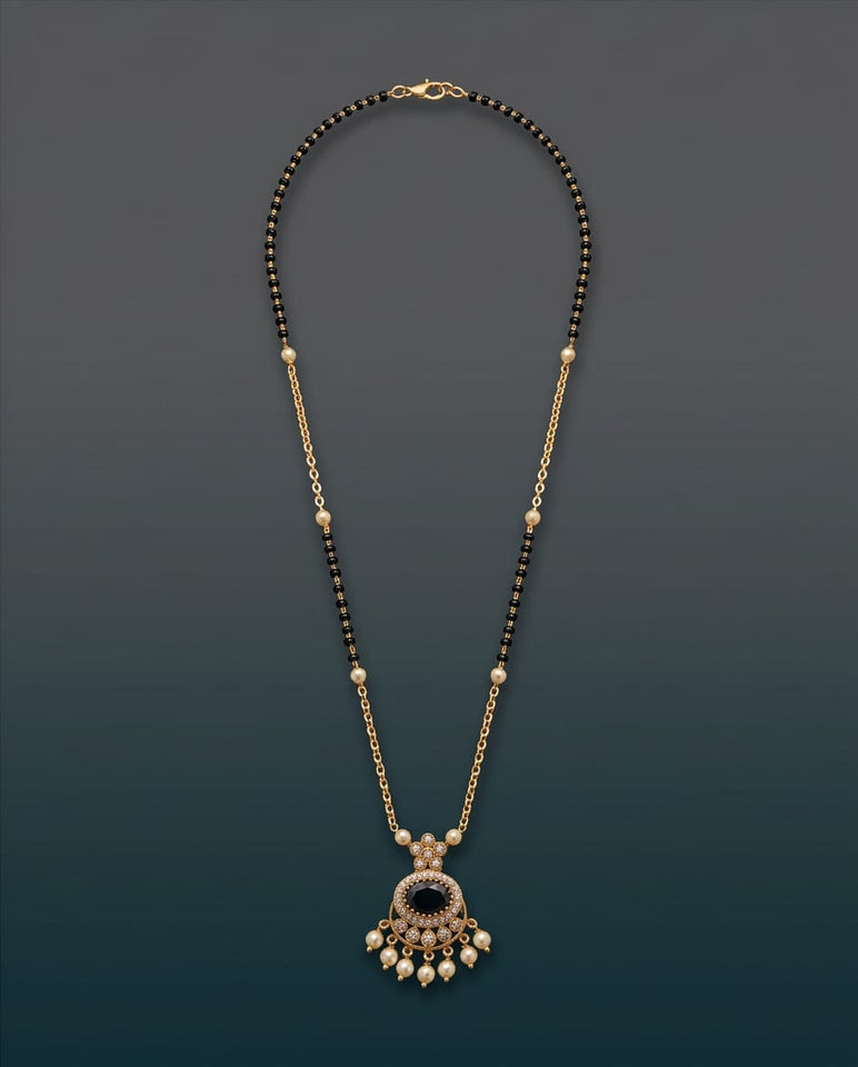 Gold-Toned Black Stone Pendant Necklace with Pearl Drops