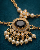 Gold-Toned Black Stone Pendant Necklace with Pearl Drops