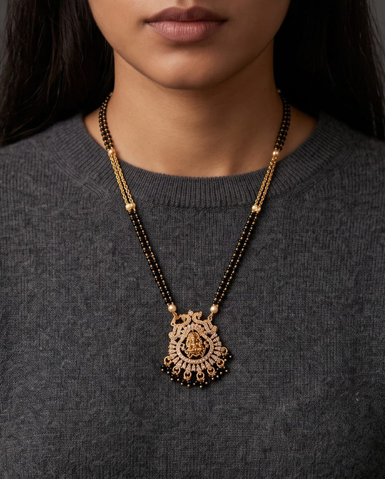 Gold-Toned Mangalsutra with Lakshmi Pendant & Black Bead Chain