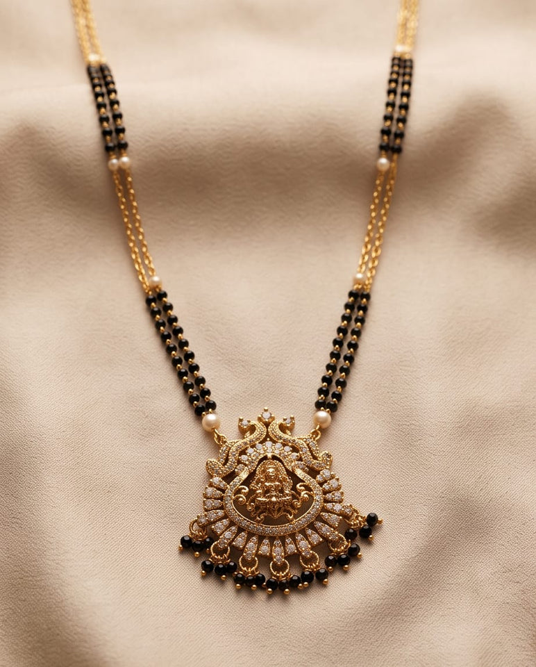 Gold-Toned Mangalsutra with Lakshmi Pendant & Black Bead Chain