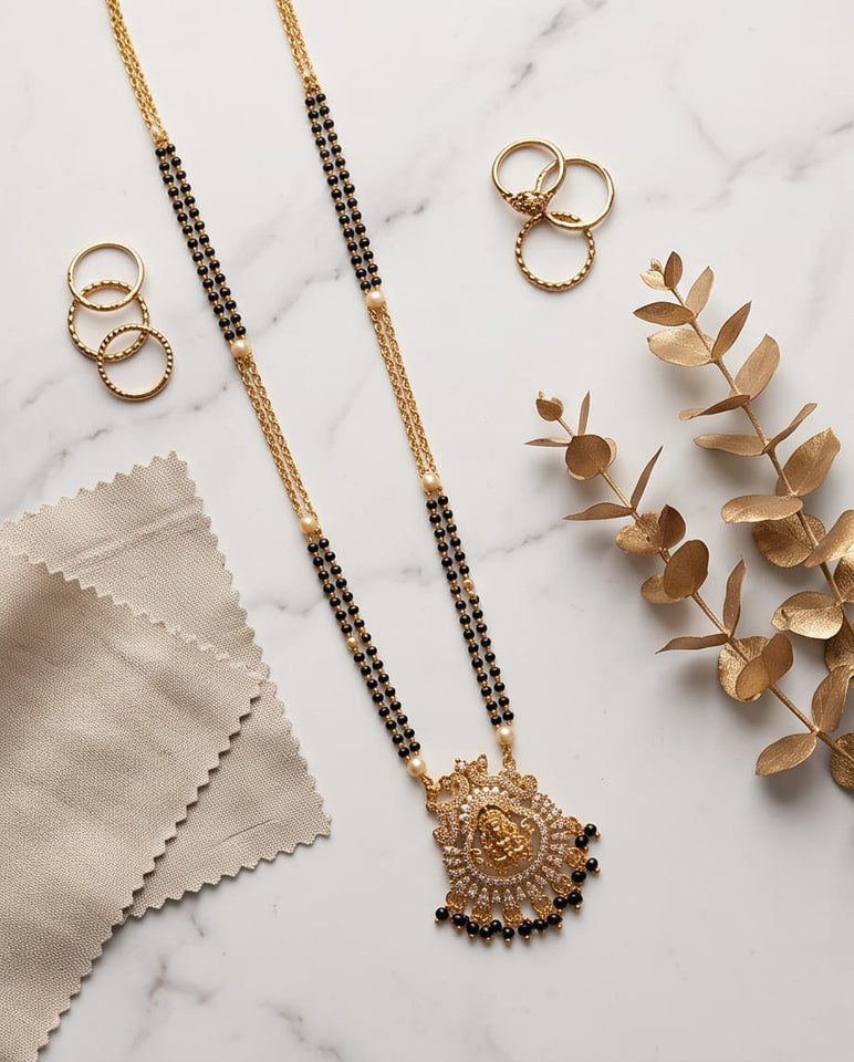 Gold-Toned Mangalsutra with Lakshmi Pendant & Black Bead Chain