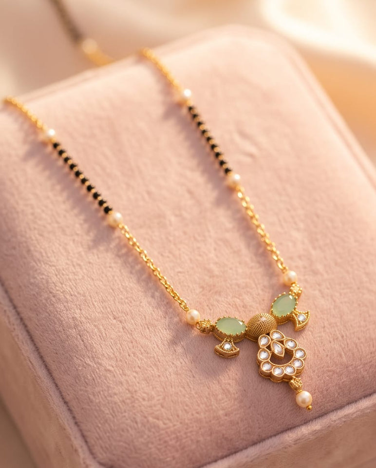 Gold-Toned Mangalsutra with Mint Green Stone & Kundan Pendant