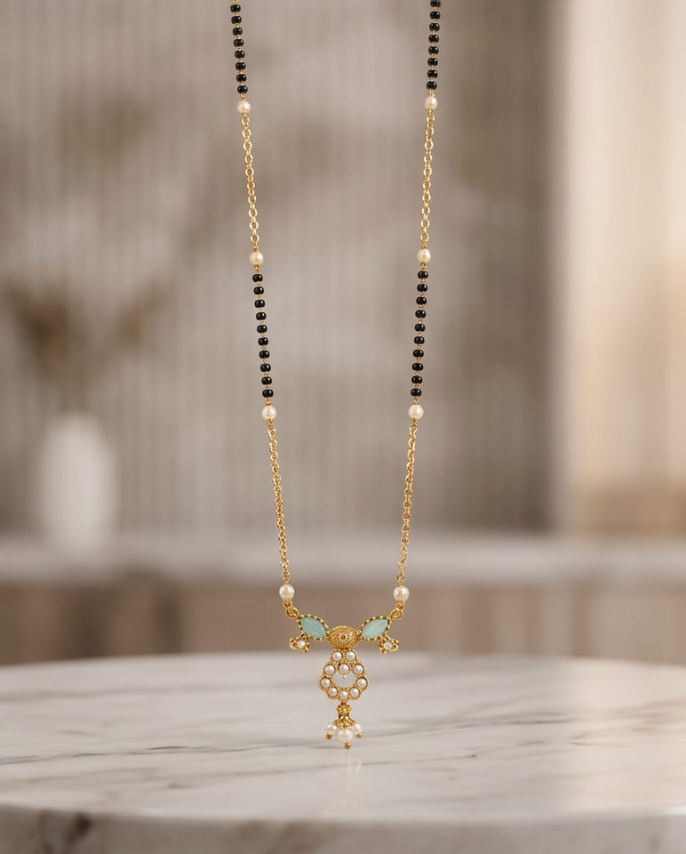 Gold-Toned Mangalsutra with Mint Green Stone & Kundan Pendant