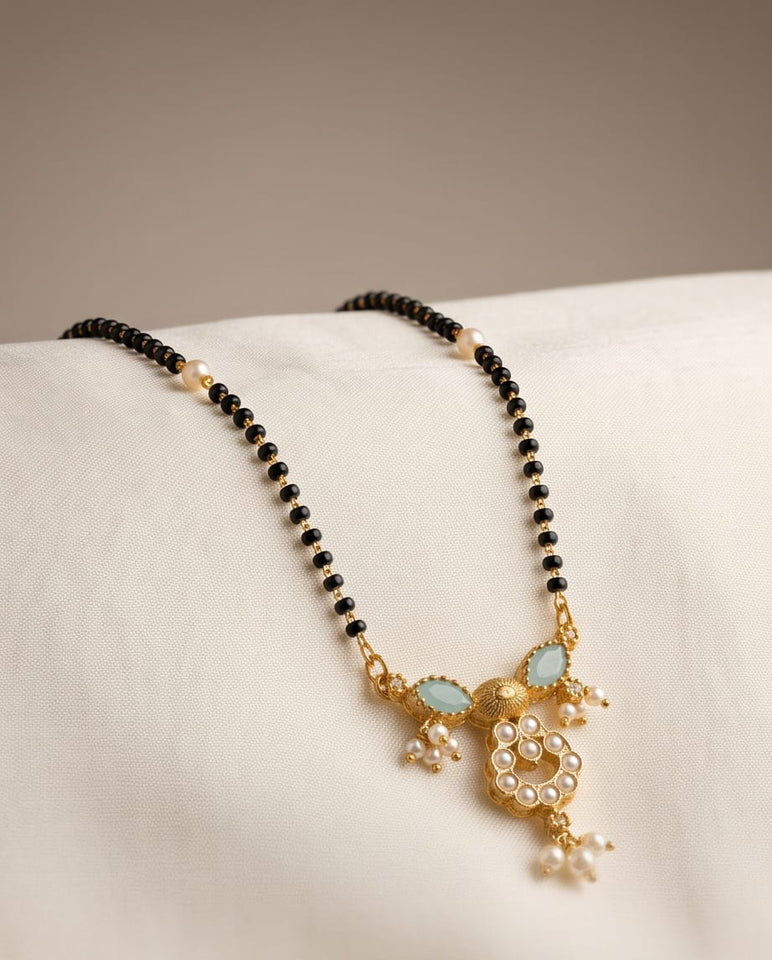 Gold-Toned Mangalsutra with Mint Green Stone & Kundan Pendant