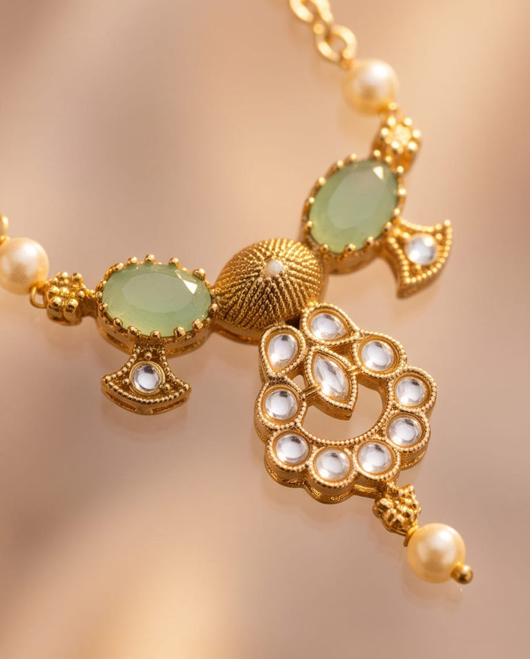 Gold-Toned Mangalsutra with Mint Green Stone & Kundan Pendant