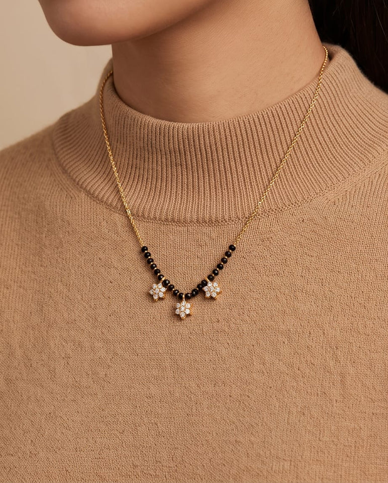 Gold-Toned Mangalsutra with Triple Floral CZ Pendant