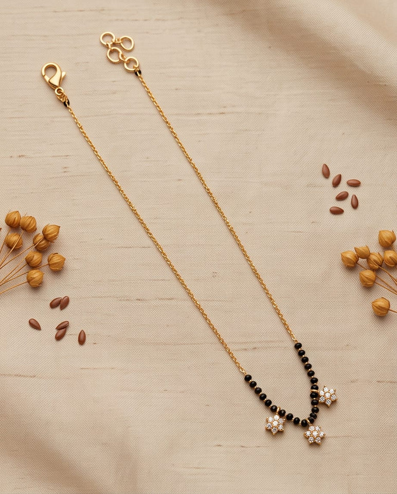 Gold-Toned Mangalsutra with Triple Floral CZ Pendant