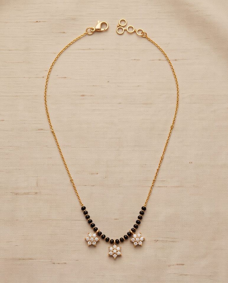 Gold-Toned Mangalsutra with Triple Floral CZ Pendant