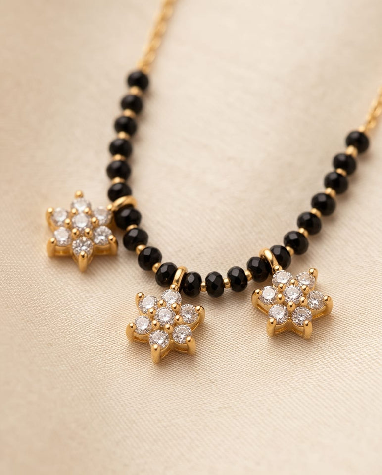Gold-Toned Mangalsutra with Triple Floral CZ Pendant